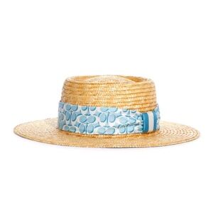 Coach Raffia Brimmed Hat With Silk Scarf Natural SZ S